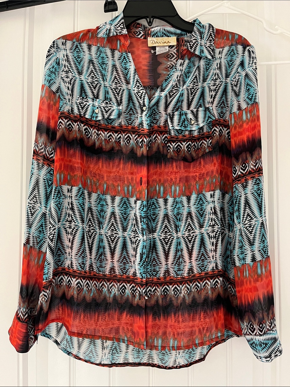 Davina Red & Teal Printed Button-Down Blouse